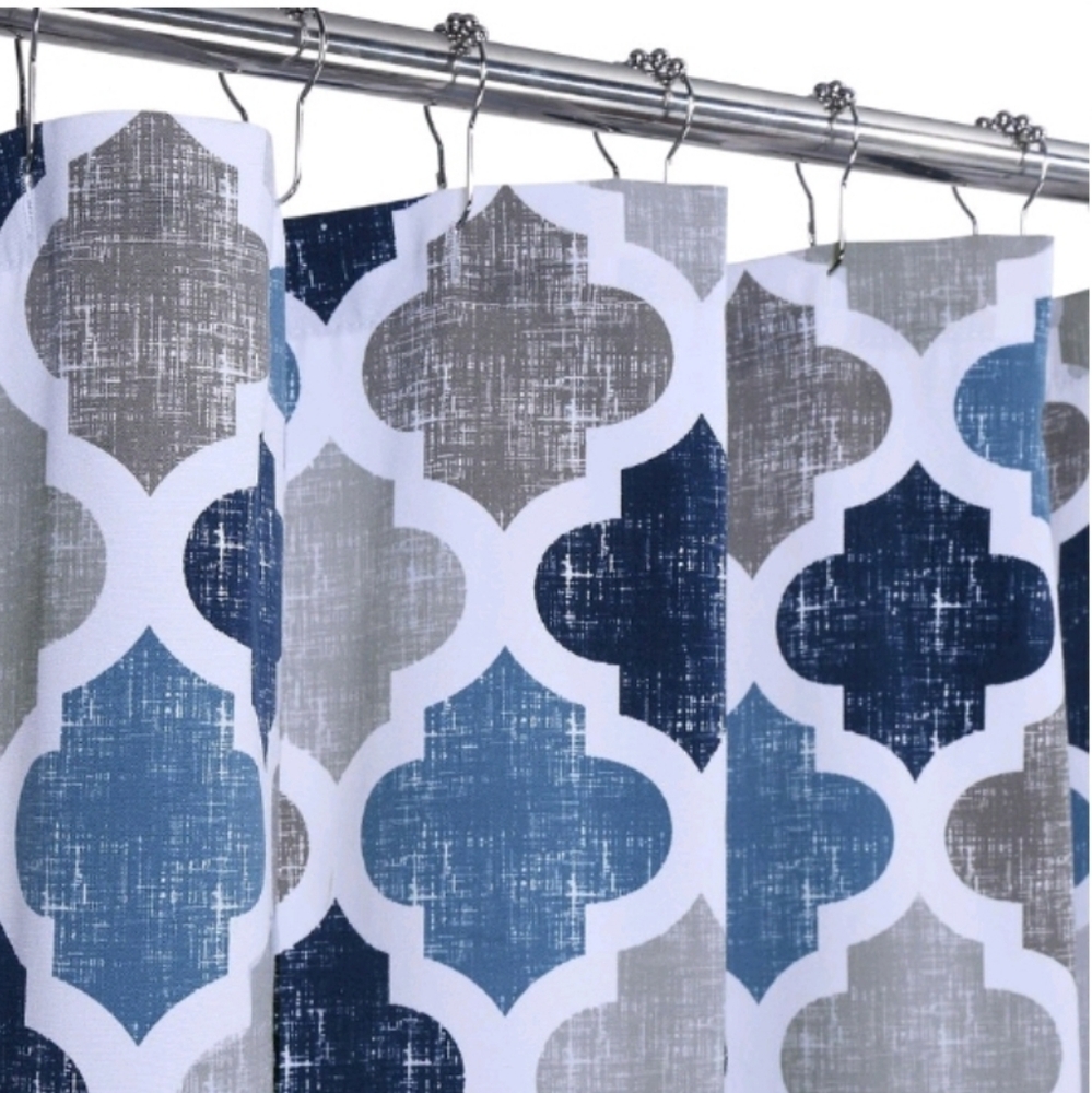New with tags! Geometric blue and gray fabric shower curtain